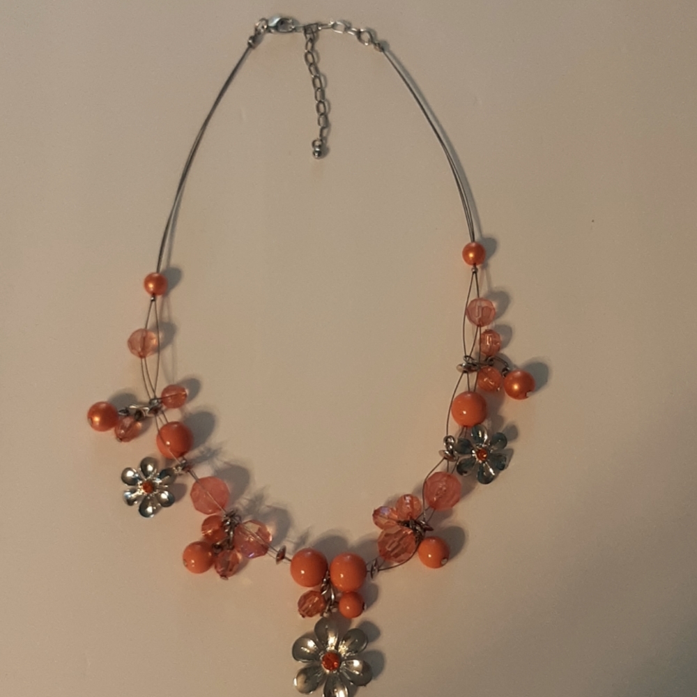 Silver Toned Beaded & Flower Necklace